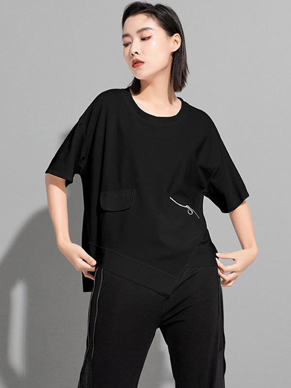 Fashion Asymmetric Irregular Clipping Split-Side Round-Neck T-Shirt