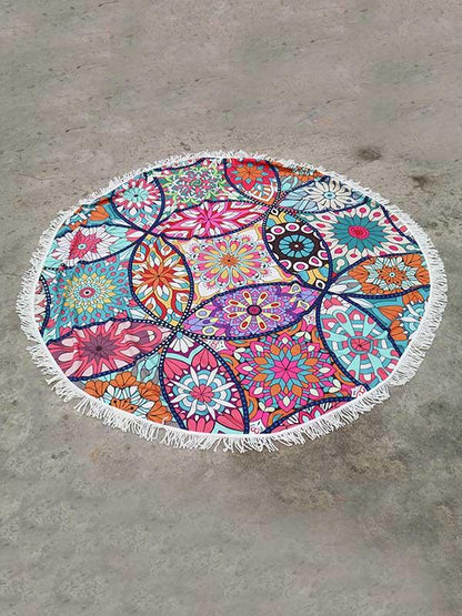 Floral Printed Tasseled Round Beach Mat