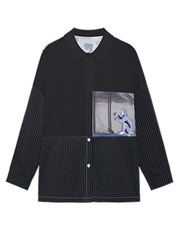 Stylish Cartoon Printed Plaid Split-Joint Lapel Collar Long Sleeves Blouse