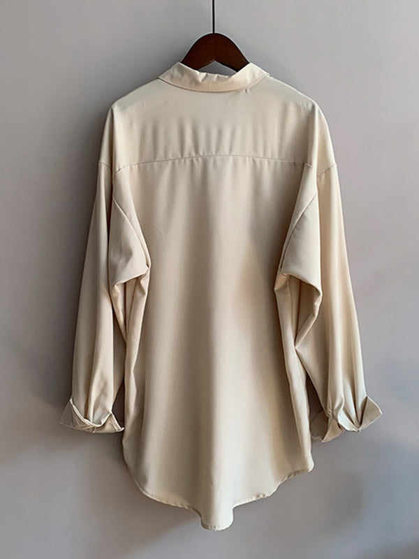 Simple Solid Color Buttoned Lapel Long Sleeves Blouse Tops