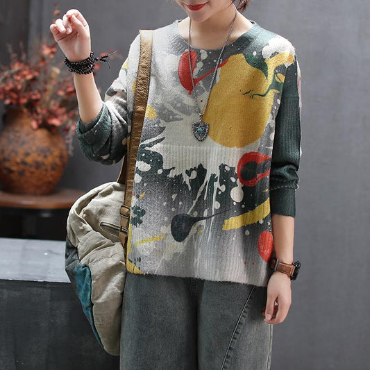 Buykud Printed Round Collar Autumn Winter Loose Sweater