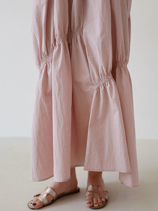 Casual Solid Color Falbala Pleated V-Neck Short Sleeves Maxi Dress