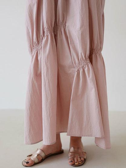 Casual Solid Color Falbala Pleated V-Neck Short Sleeves Maxi Dress