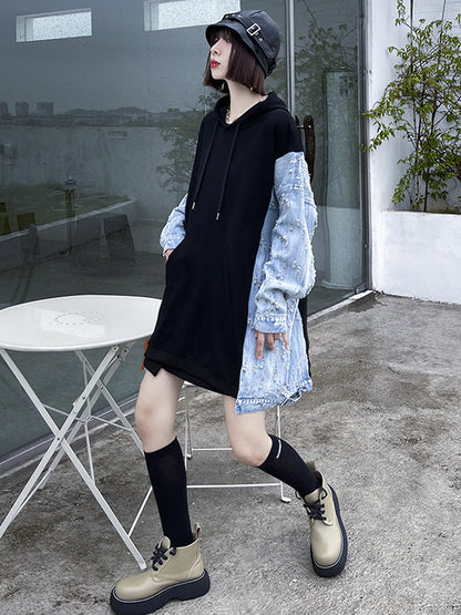 Original Stylish Loose Denim Split-Joint Hooded Long Sleeves Hoodies