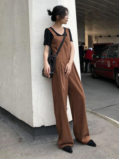 Coffee Straps Long Pants Jumpsuits