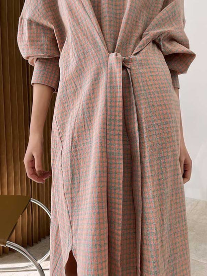 Urban Asymmetric Plaid Round-Neck Batwing Sleeve Shirt Dress