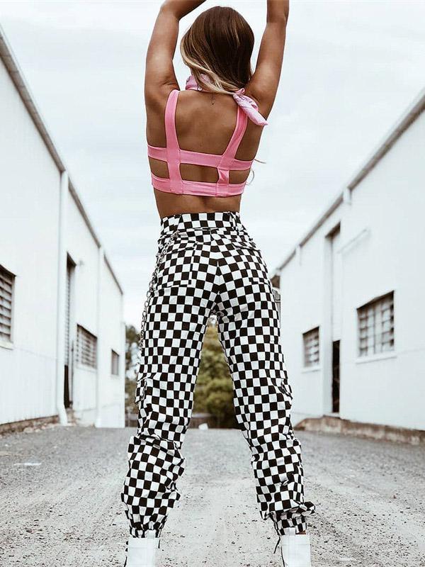 Contrast Color Black&White Plaid Loose Pants Bottoms