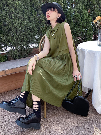 Fashion Split-Joint Pleated Sleeveless Lapel H-Line Midi Dress