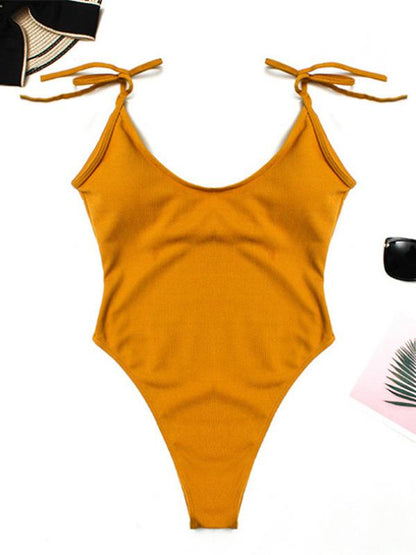 Plain Spaghetti-neck One-piece Swimsuit