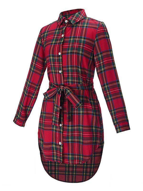 Polo Collar Checkered Belt Buckle Midi Shirt