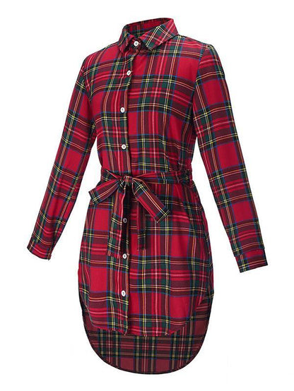 Polo Collar Checkered Belt Buckle Midi Shirt
