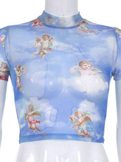 Sports Short Sleeves Printed Gauze T-shirt