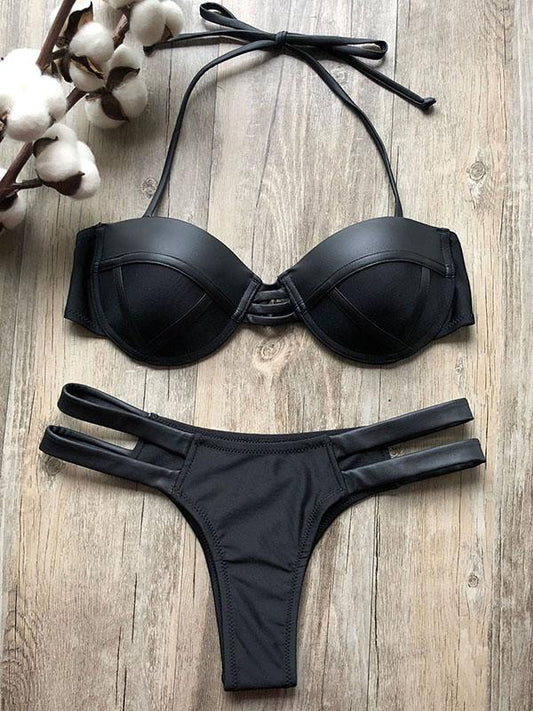 Plain Lace-up Balconette Bikini Swimsuit
