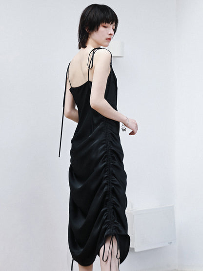 Fashion Ruffled Drawstring Bandage Spaghetti-Neck Midi Dress