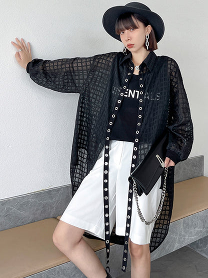 Stylish See-Through Buttoned High-Low Lapel Outerwear
