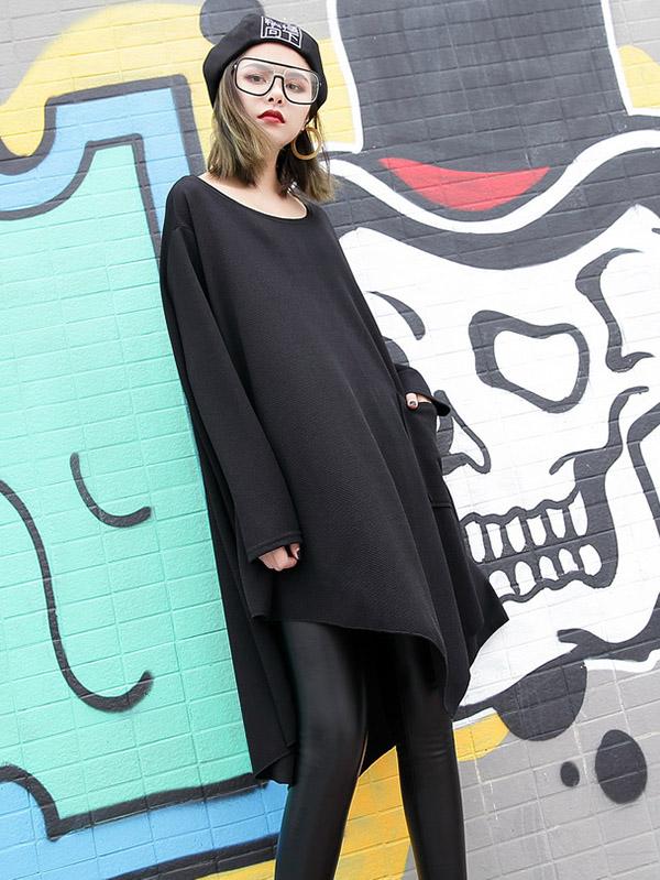 Loose Black Round-neck Asymmetric T-shirt Dress