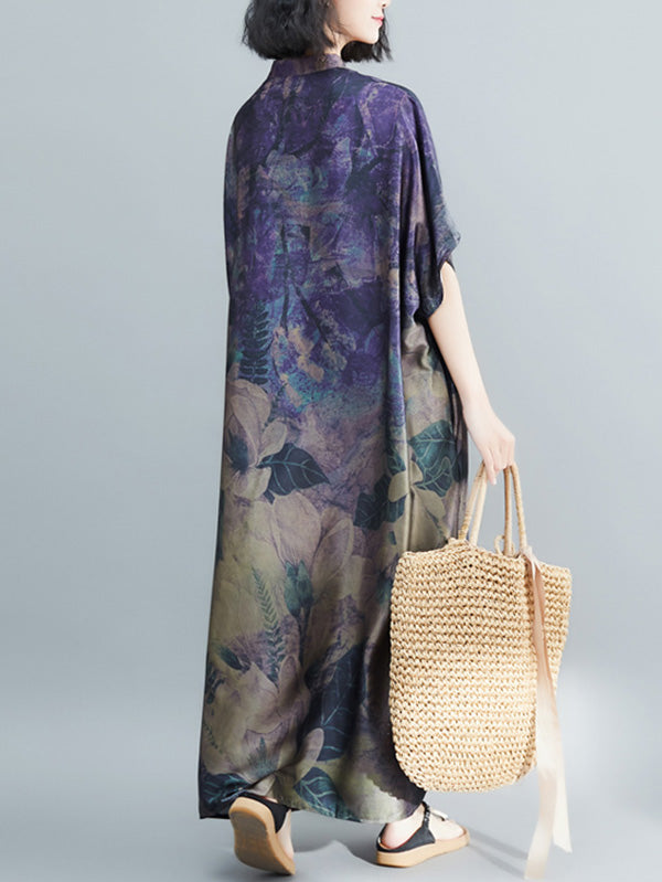 Vintage Loose Printed Stand Collar Batwing Sleeves Maxi Dress