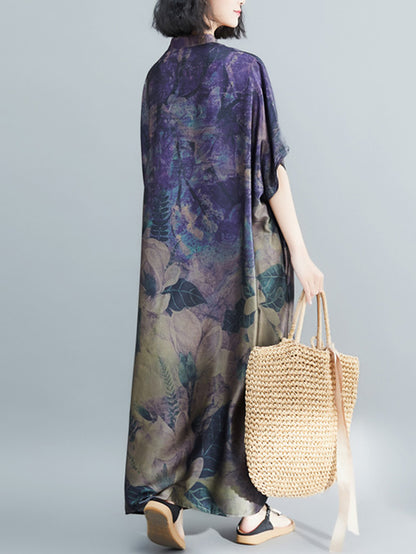 Vintage Loose Printed Stand Collar Batwing Sleeves Maxi Dress