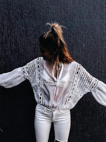 Lace Hollow Puff Sleeves Blouses&Shirts Top
