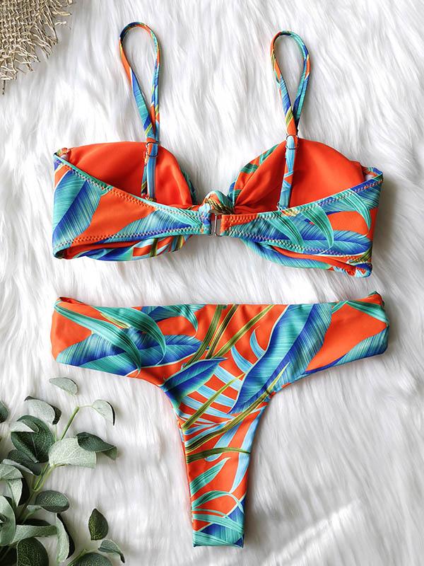 Floral-Print Knotted Split Bikini Swimsuit