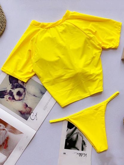 Two-pieces Solid Short Sleeves Bikinis Swimwear