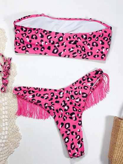 Strapless Tassels Leopard Print Bikini Swimsuit