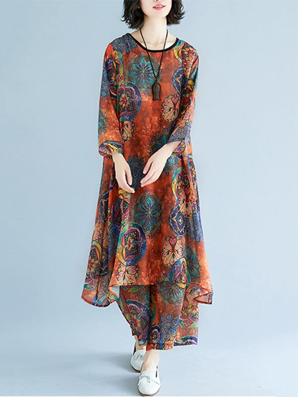 Loose Chiffon Floral Printed Long Shirt+Pants Suits