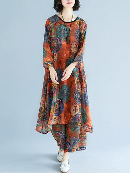 Loose Chiffon Floral Printed Long Shirt+Pants Suits