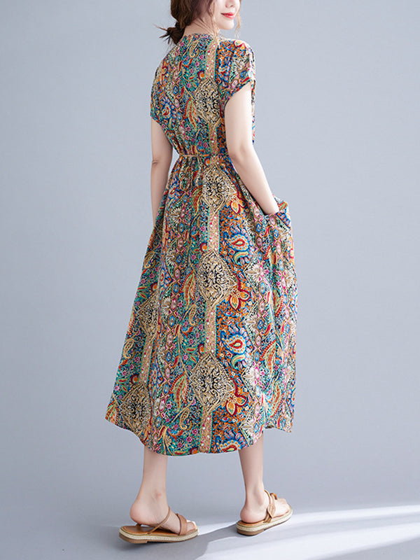 Original Artistic Retro Loose Floral Printed Vacation Midi Dress