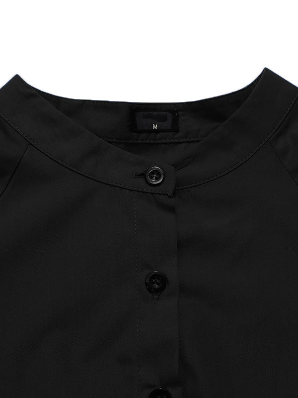 Original Solid Color Split-Joint Pleated Buttoned Stand Collar Half Puff Sleeves Midi Dress