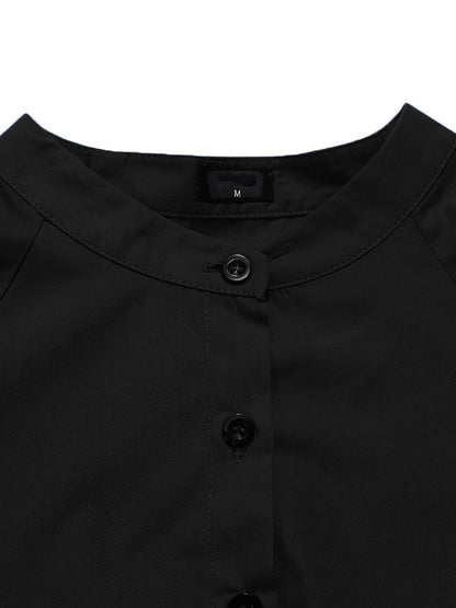 Original Solid Color Split-Joint Pleated Buttoned Stand Collar Half Puff Sleeves Midi Dress