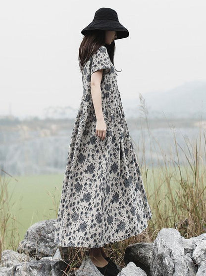 Literary Floral Ramie Cotton Long Dress