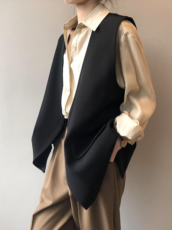 Urban Solid Color Split-Joint With Pocket Split-Back V-Neck Sleeveless Vest Outwear
