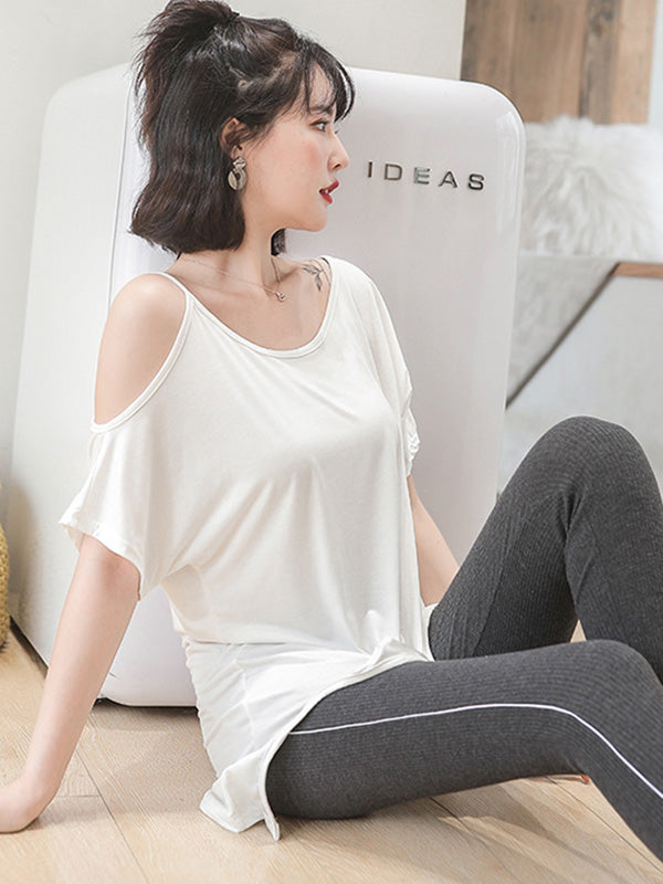 Casual Solid Color Asymmetric Cold Shoulder Spaghetti-Neck T-Shirt