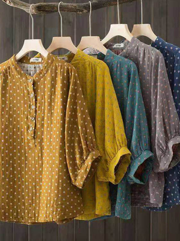 Simple Printed Buttoned Short Sleeves Blouse Top