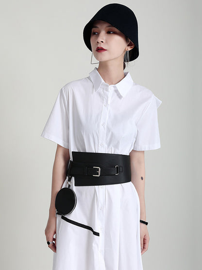 Stylish Irregular Split-Joint Falbala Buttoned Lapel Collar Short Sleeves Midi Dress