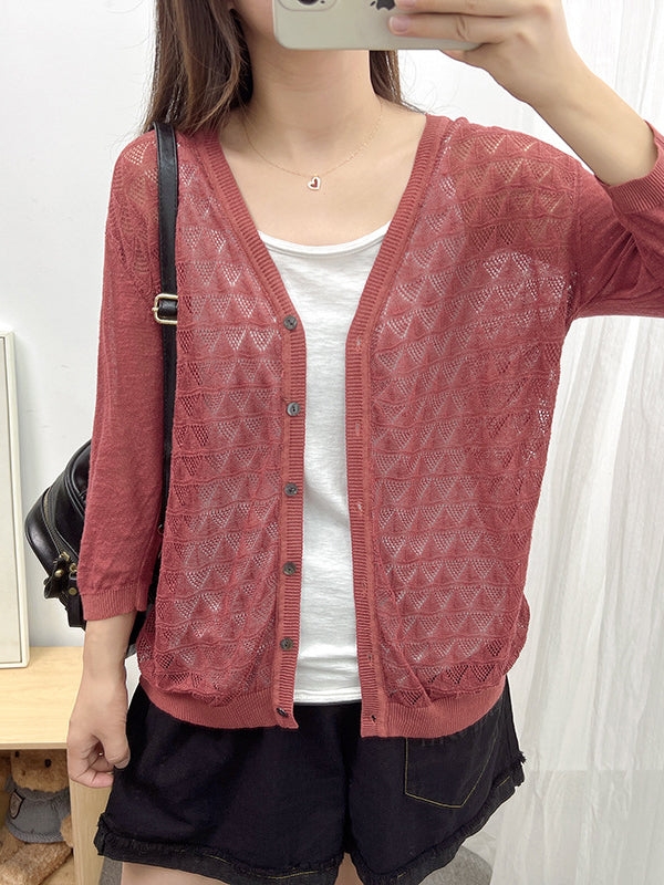 Loose Solid Color Linen Hollow Knitting Cardigan Top
