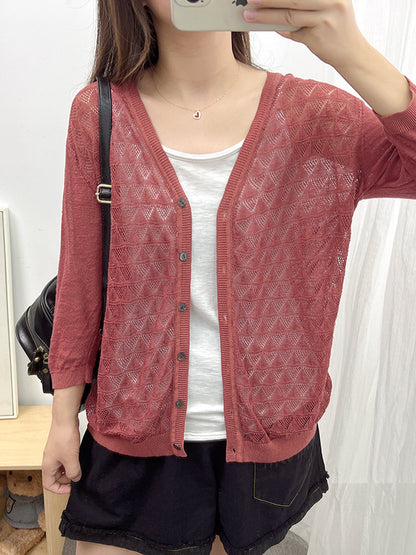 Loose Solid Color Linen Hollow Knitting Cardigan Top