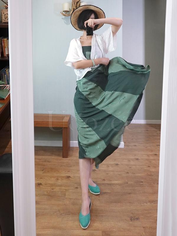 Green Striped Bamboo Jacquard Long Dress