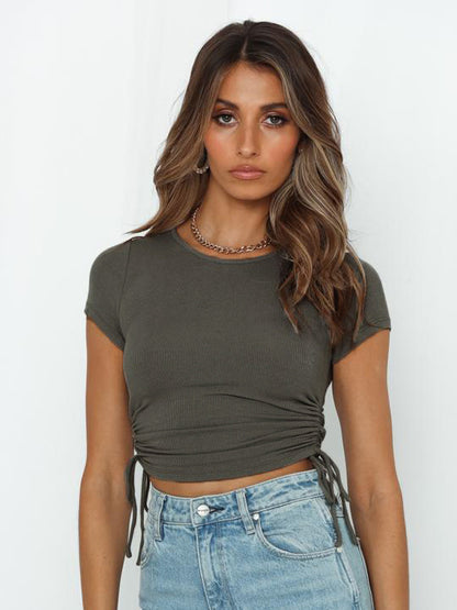 6 Colors Simple Solid Color Drawstring Skinny T-Shirt