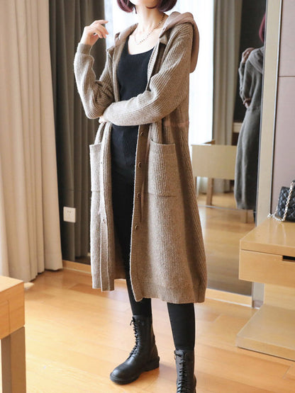 Casual Loose Solid Color Split-Joint With Pocket Buttoned Drawstring Hooded Long Sleeves Knitted Cardigan Outwear