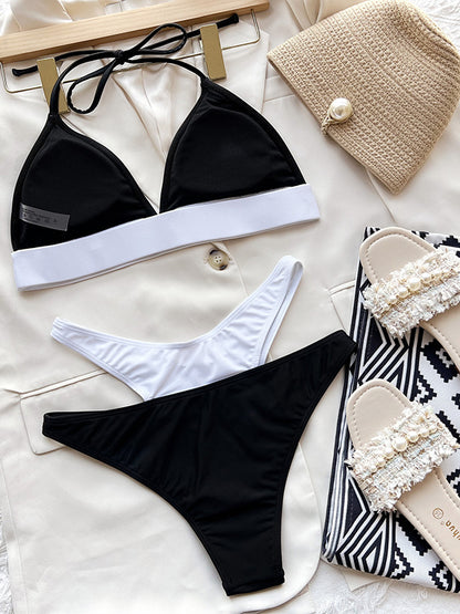 Black White Contrast Color Halterneck Hollow Bikini Swimsuit