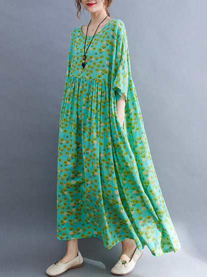 Summer Plant Printing Batwing Sleeves Split-Joint Round-Neck Long Dress