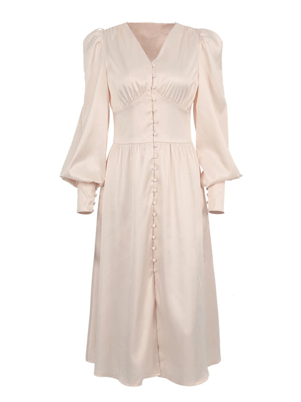 Urban Buttoned Split-Front High Waisted Puff Sleeve A-Line Midi Dress