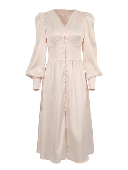 Urban Buttoned Split-Front High Waisted Puff Sleeve A-Line Midi Dress