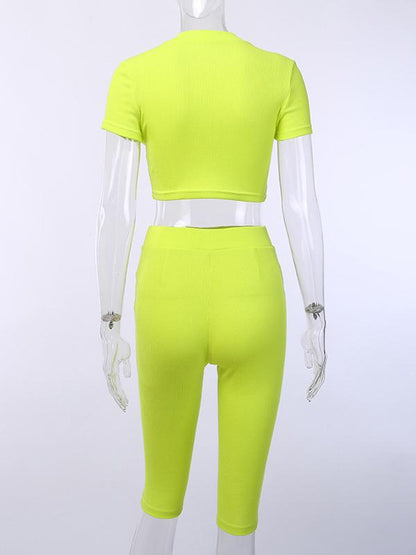 Solid High-neck Tops Wrap Shorts Sports Suits