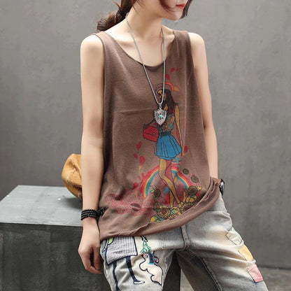 Casual Print Linen Loose Sleeveless Top