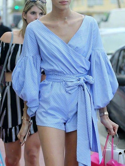 Stripe Puff Sleeves V neck Jumpsuits