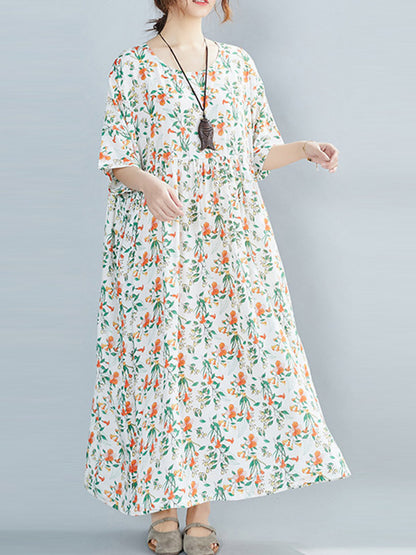 Casual Floral Printed Round-Neck Short Sleeves Midi Dress