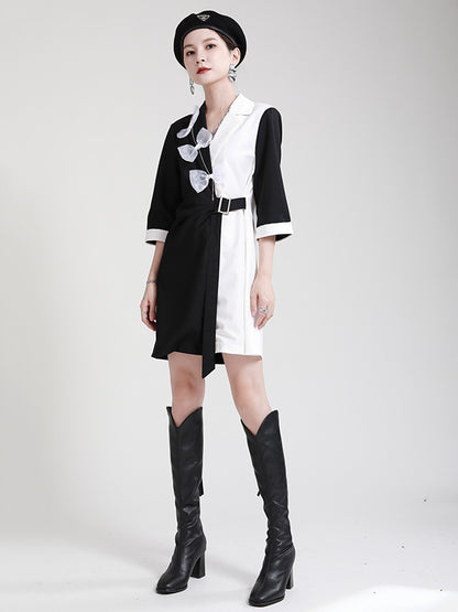 Original Stylish Split-Joint Contrast Color Bow-Embellished Tied A-Line Notched Collar Blazer Dress